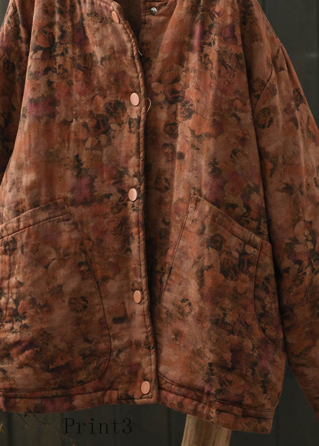 Stand Collar Pockets Print Fine Cotton Filled Coat Spring
