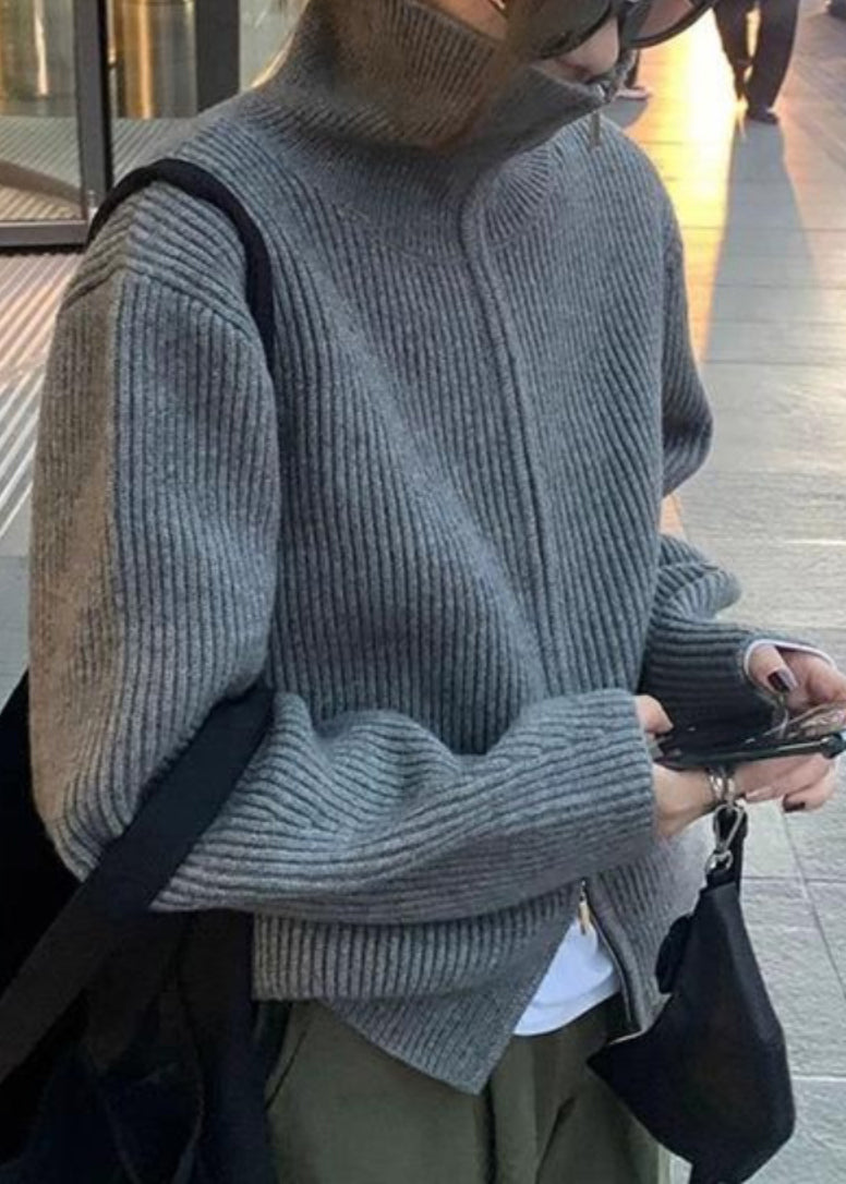 Grey Zippered Cotton Coat Turtleneck Spring