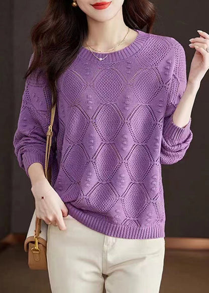 Rose O-neck Hollow Out Cotton Knitted Sweaters Fall