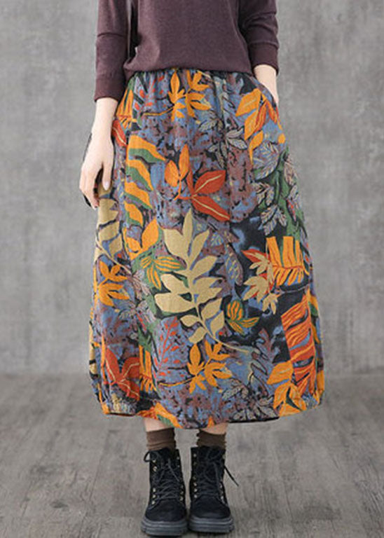 Blue Loose a Line Skirts Elastic Waist Print Spring