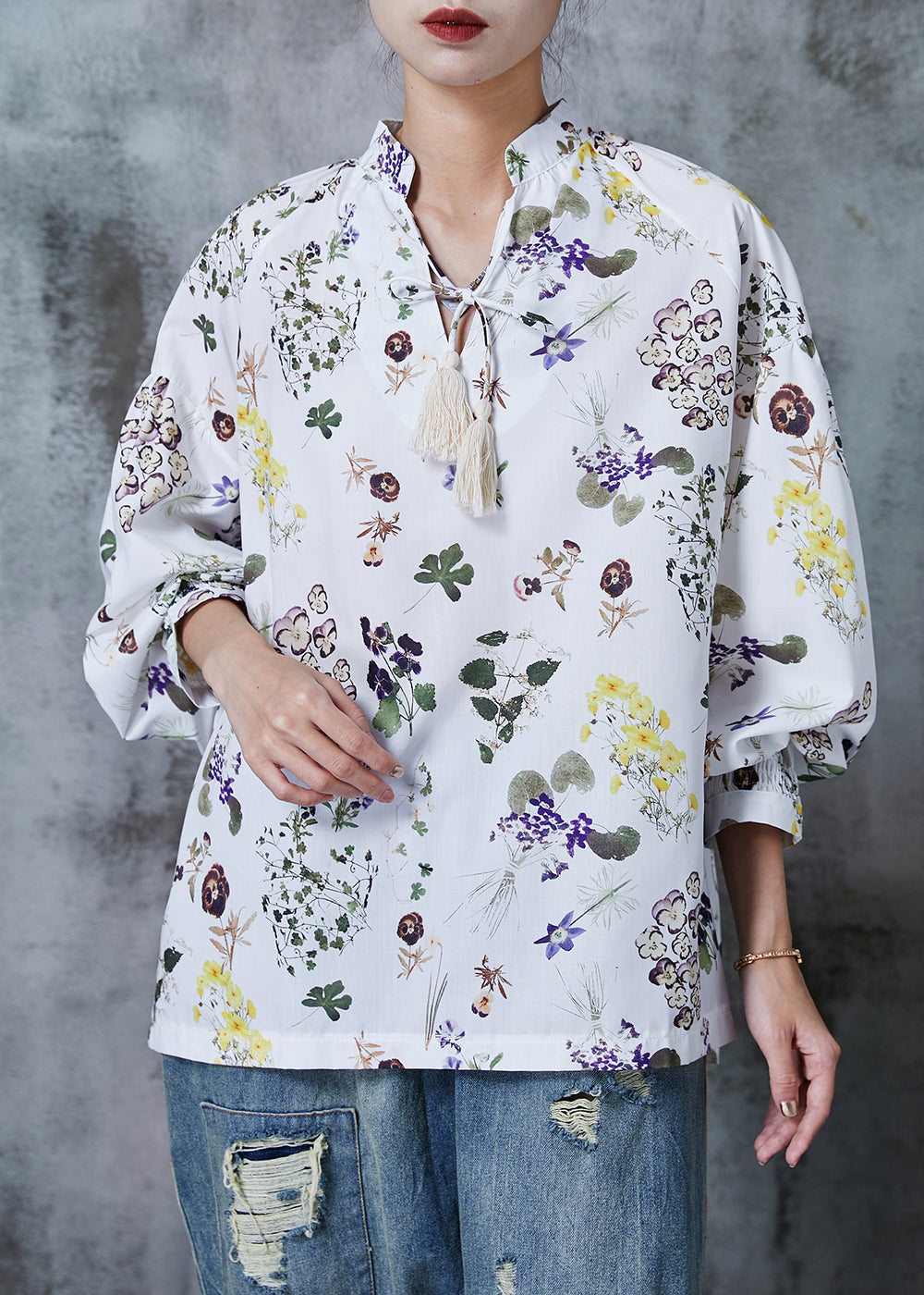 White Print Lace Up Chiffon Shirts Summer