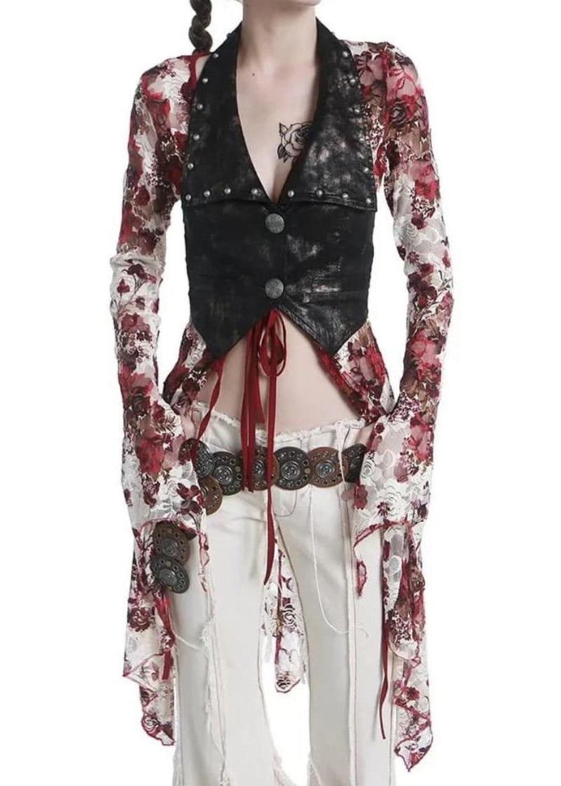 Red Asymmetrical Lace Up Tulle Shirt Flare Sleeve