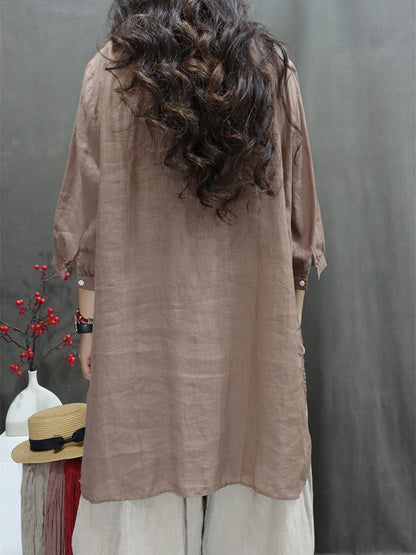 Summer Retro Embroidery O-neck Ramie Shirt