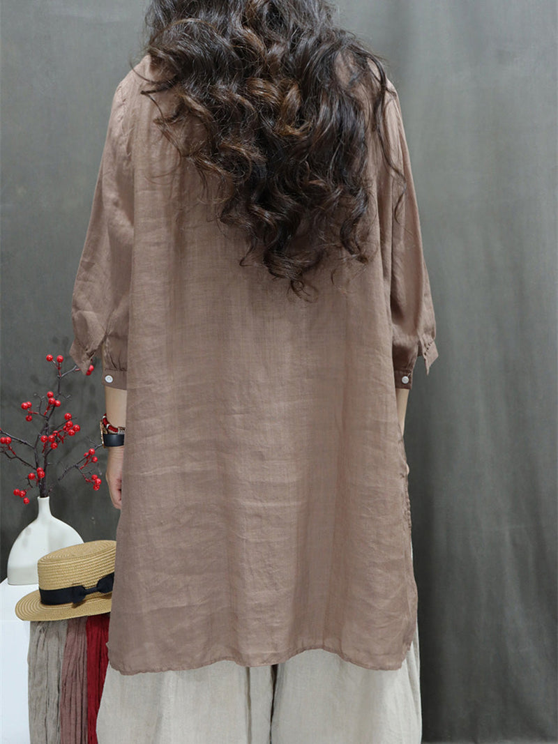 Summer Retro Embroidery O-neck Ramie Shirt