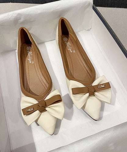 Black Flats Pointed Toe Faux Leather Diy Bow Splicing