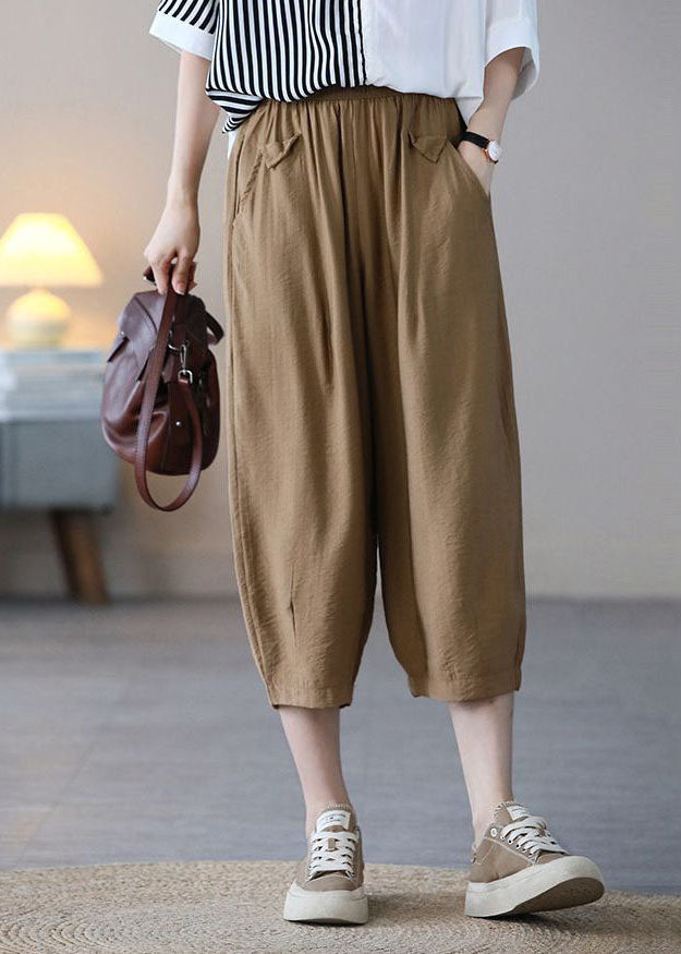 Khaki Elastic Waist Color Pockets Cotton Harem Pants Summer