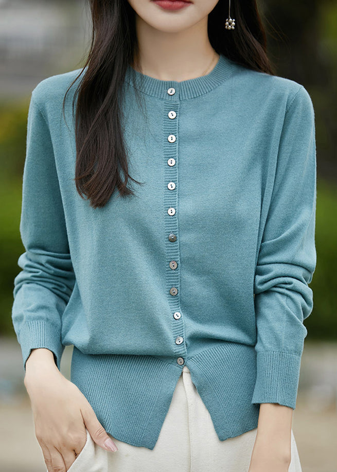 Simple Blue O Neck Button Woolen Coat Spring