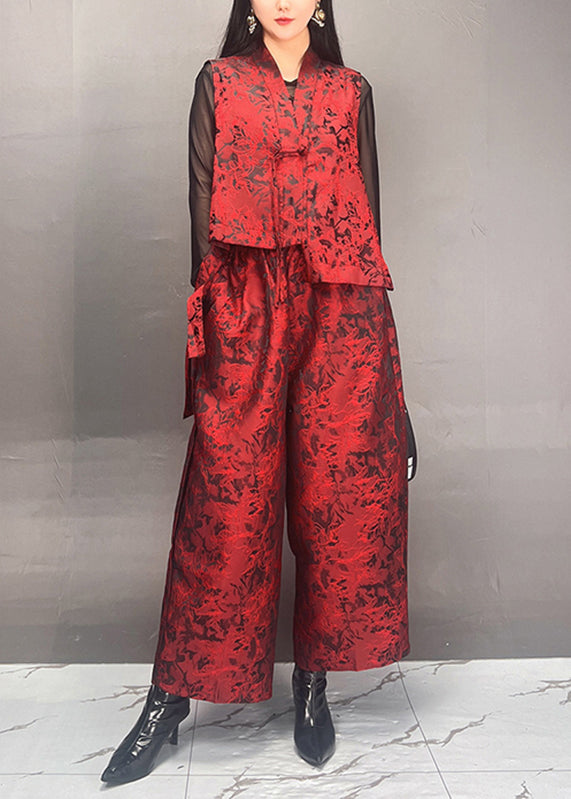 Black Print Asymmetrical Silk Cotton Waistcoat and Wide Leg Pants Two Piece Set Fall