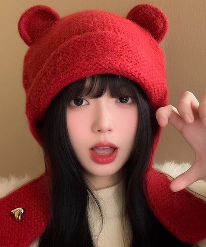 Red Thick Knit Ear Protection Warm Bonnie Hat