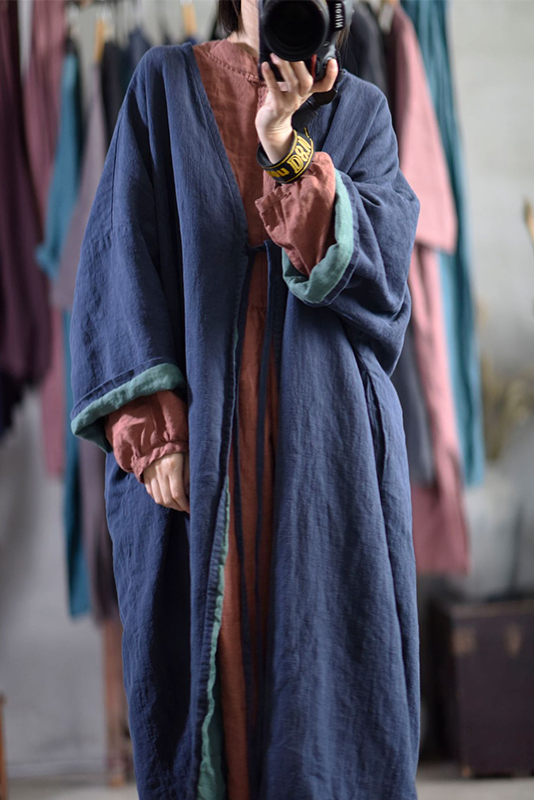 -fall Retro Cotton Linen Robe Blue Coat
