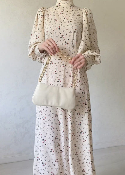 Autumn Apricot Lace Up Stand Collar Print Chiffon Dress
