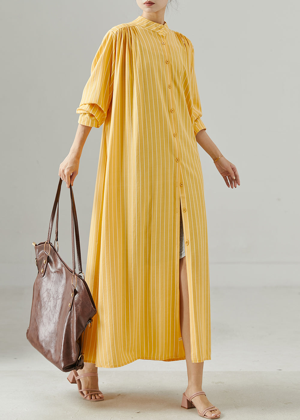 Yellow Oversized Striped Cotton Dress Spring