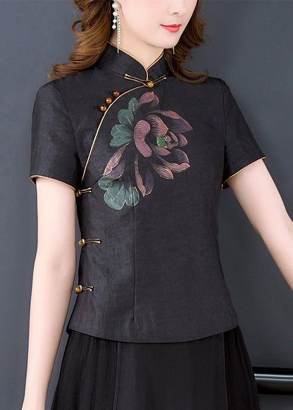 Black Stand Collar Print Chinese Button Silk Shirt Tops Summer