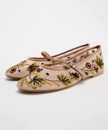 Splicing Flat Shoes Green Breathable Mesh Embroidered