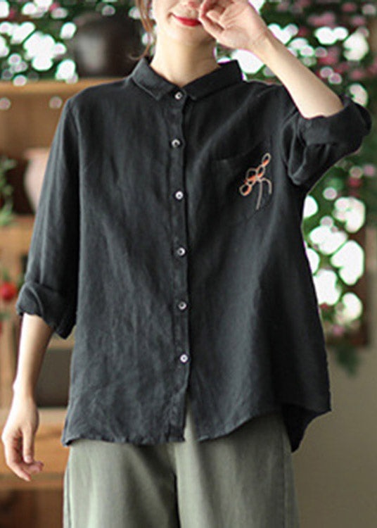 Red Peter Pan Collar Embroidered Button Linen Shirt Long Sleeve