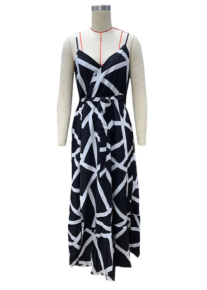 Stylish Black Print Lace Up Side Open Cotton Long Dresses Summer