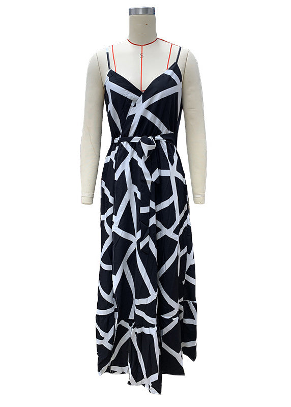 Stylish Black Print Lace Up Side Open Cotton Long Dresses Summer