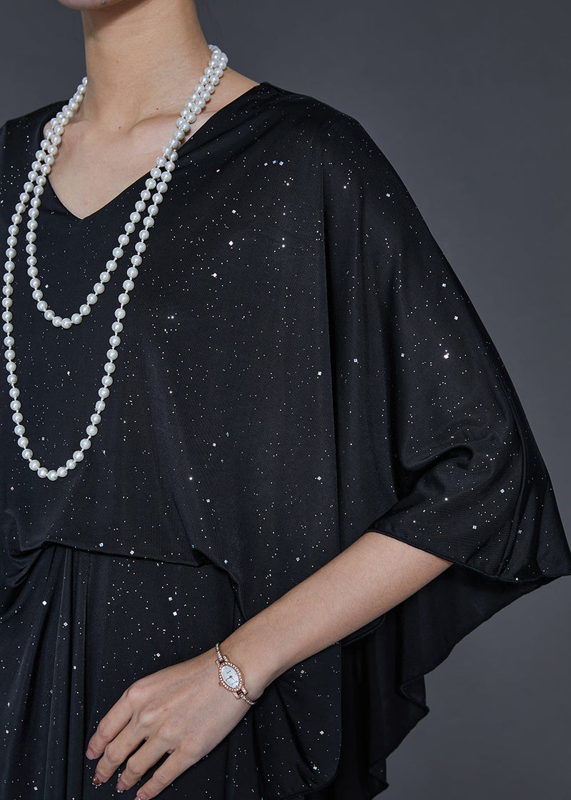 Black Sequins Asymmetrical Design Silk Dress Summer
