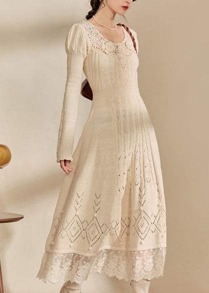 Art Apricot O-neck Patchwork Hollow Out Cotton Knit Maxi Dress Fall