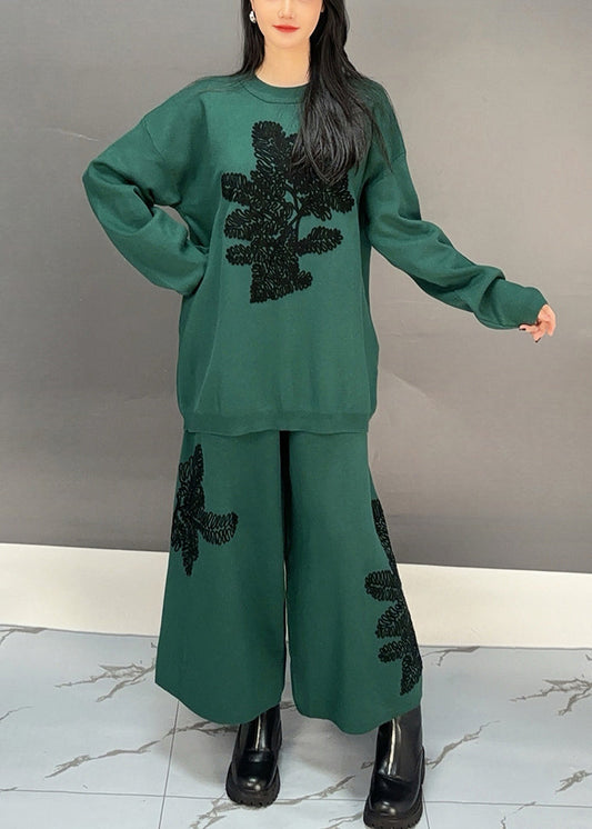 Blackish Green Sweatshirt and Wide Leg Pants Cotton Two Piece Set Embroidered Fall