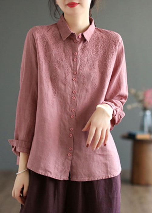 Simple Beige Peter Pan Collar Embroidered Linen Shirts Spring