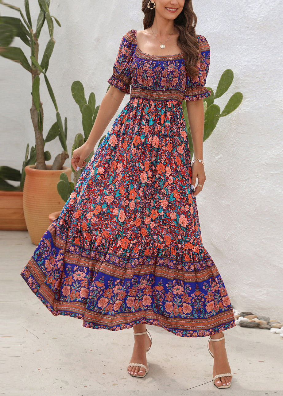Cold Shoulder Print Wrinkled Cotton Long Dress Summer