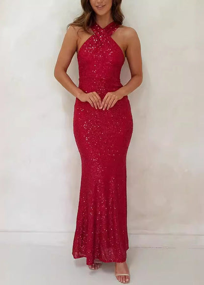 Pink Backless Sequins Slim Fit Dress Sleeveless