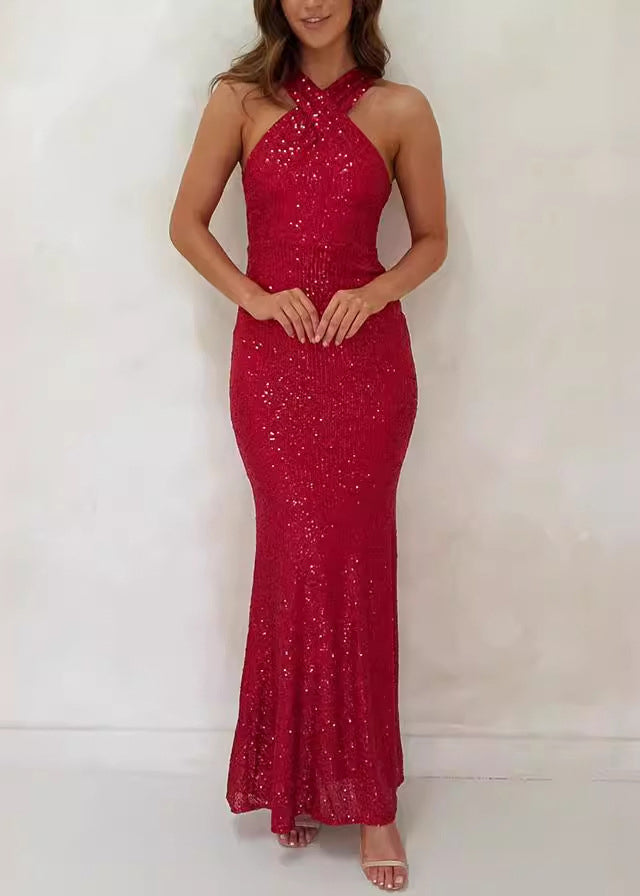 Pink Backless Sequins Slim Fit Dress Sleeveless