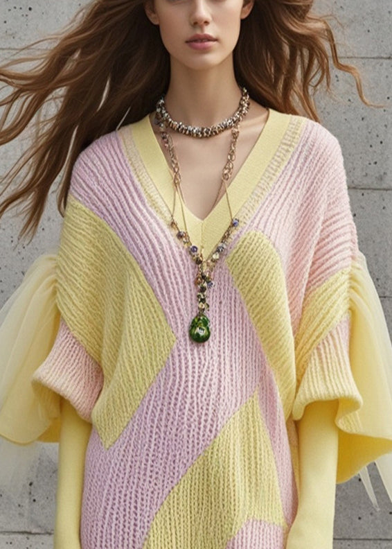 Diy Colorblock V Neck Patchwork Tulle Sweater Dress Fall