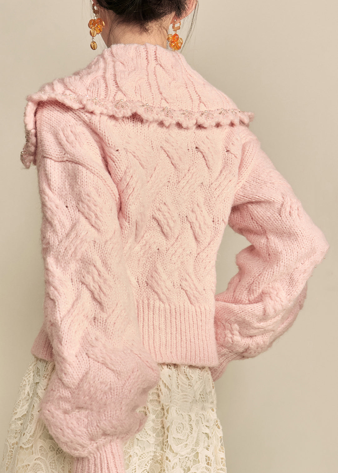Pink Peter Pan Collar Cotton Knit Cardigans Lantern Sleeve