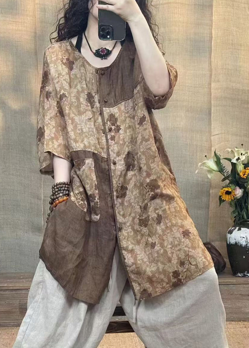 Coffee O-neck Print Patchwork Patch Shirt Bracelet Sleeve