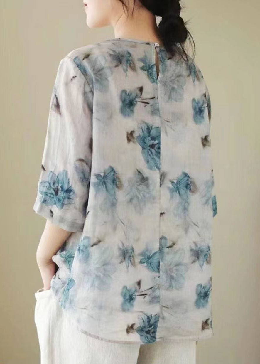 White V Neck Print Chinese Button Patchwork Linen Blouse Top Summer