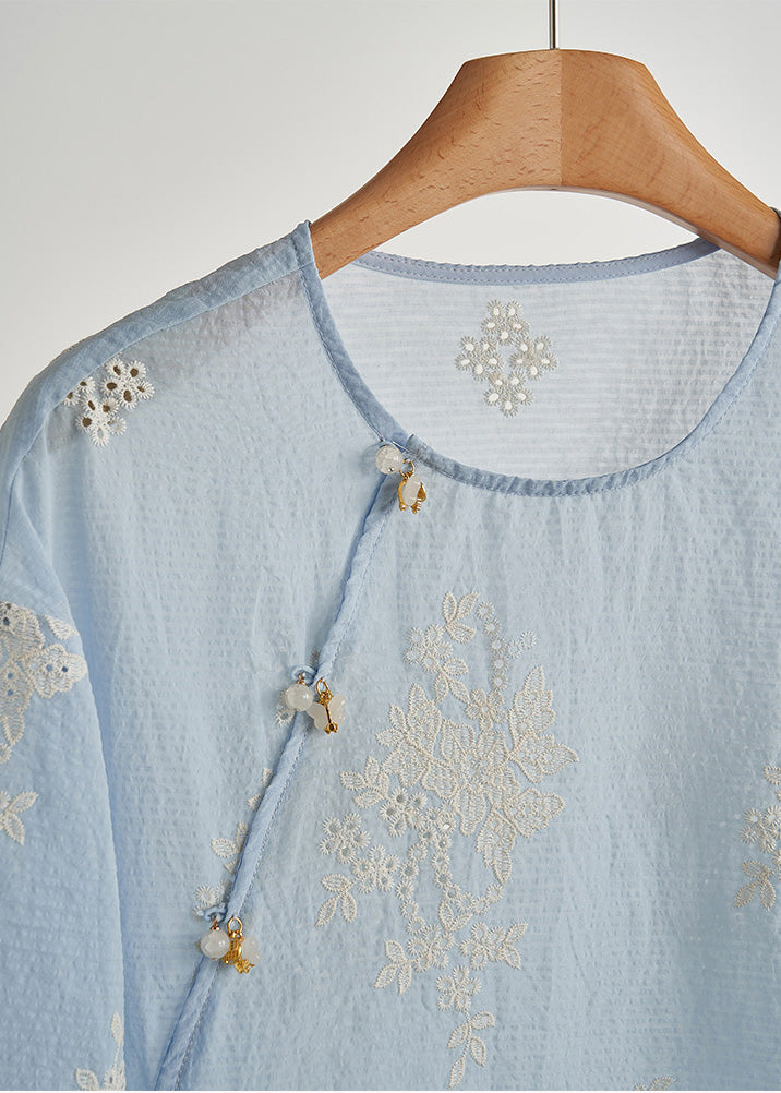 Sky Blue Embroidered Hollow Out Cotton Top Fall