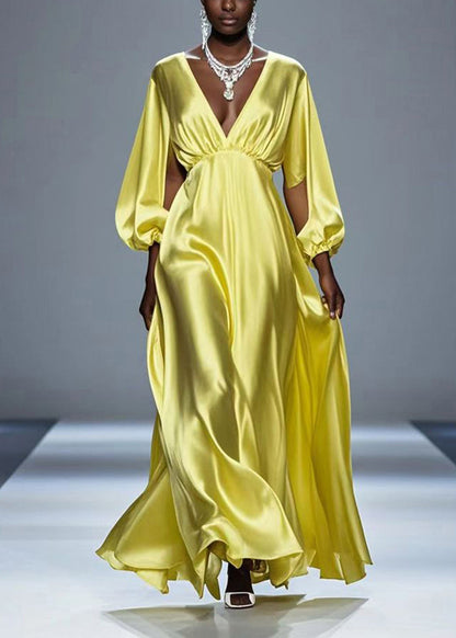 Yellow Hollow Out Draping Silk Party Dresses Fall