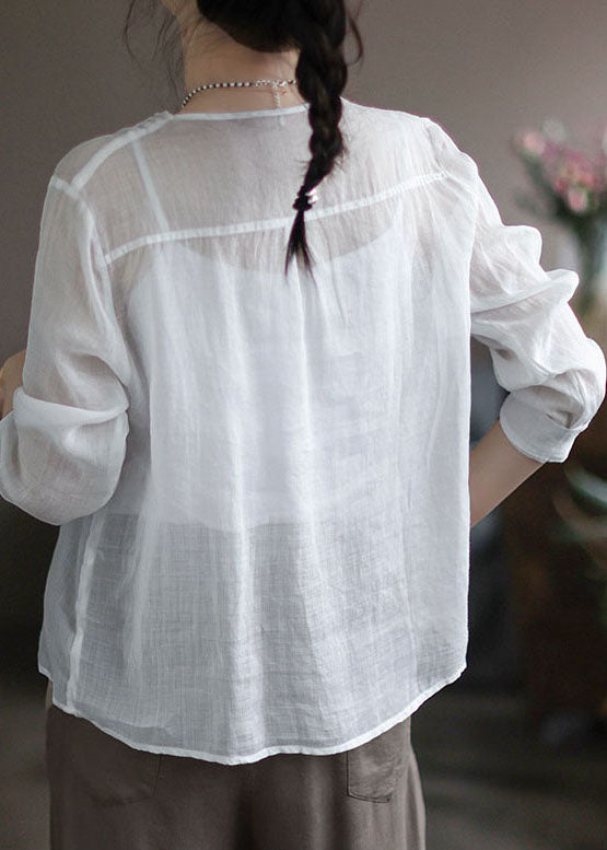 White O-neck Linen Shirt Tops Long Sleeve