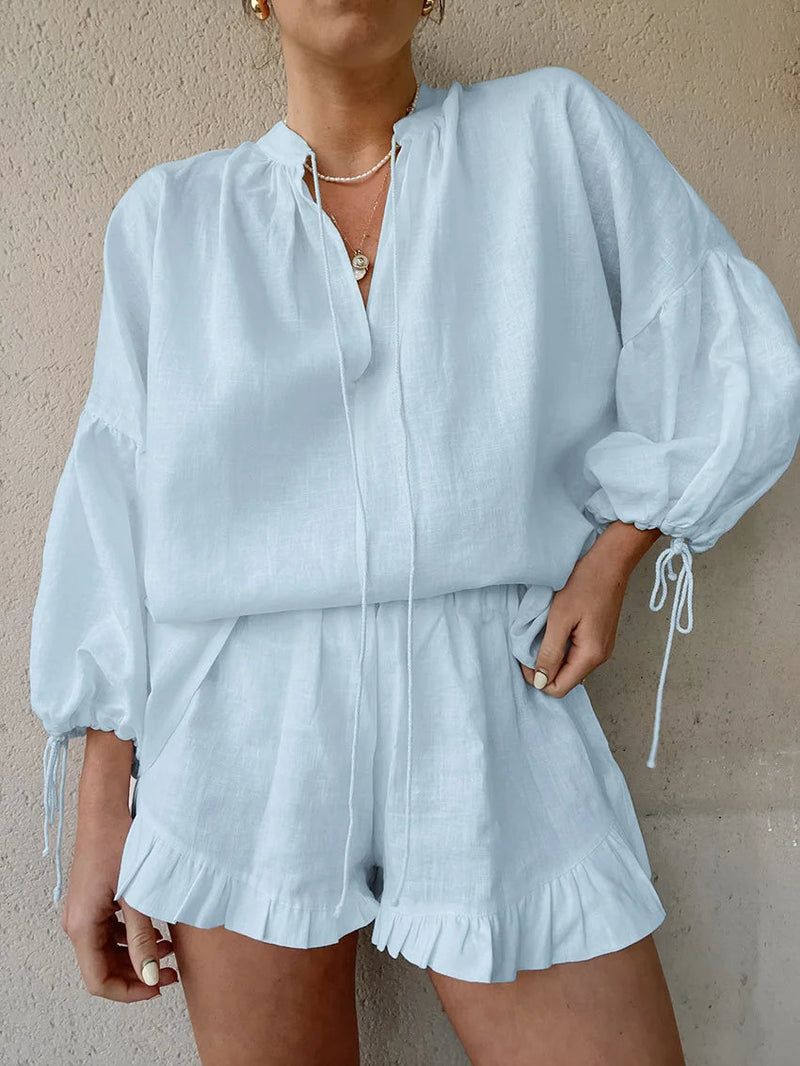 Lantern Sleeve Top Shorts Cotton and Linen Two-piece Set
