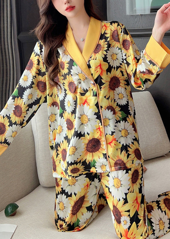 Yellow Print Shirts and Pants Ice Silk Pajamas Two Piece Set Spring