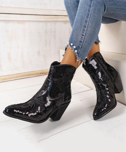 Black Embossed Sequins Cotton Fabric Chunky Ankle Boots