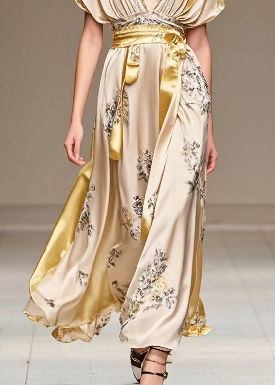 Champagne Cinched Patchwork Print Silk Robe Dresses Summer