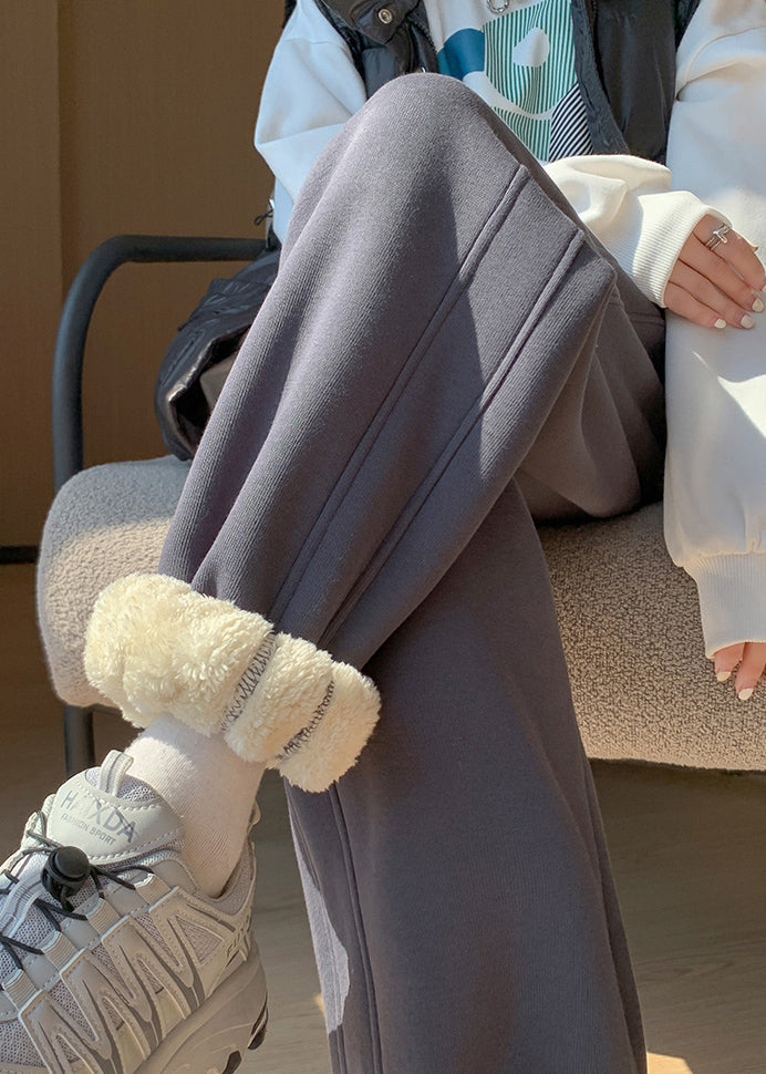 Light Grey Pockets Elastic Waist Warm Fleece Beam Pants Winter