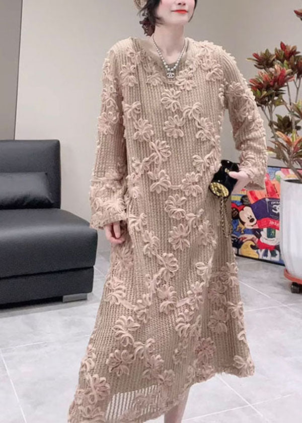 Stylish Khaki O Neck Design Cotton Dress Fall