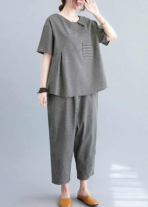 Black Plaid Wrinkled Patchwork T Shirt and Crop Pants Two Piece Set Short Sleeve