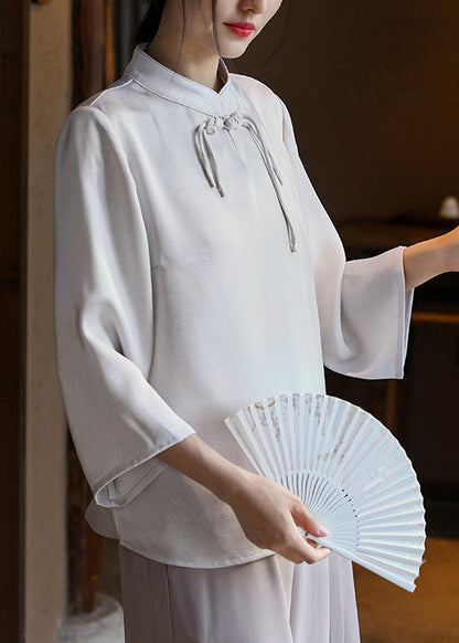 Loose White Stand Collar Tassel Silk Top Spring