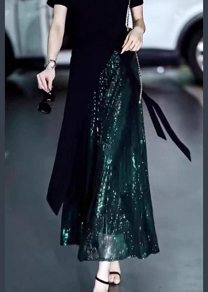 Green Sequins High Waist Silk Skirt Summer