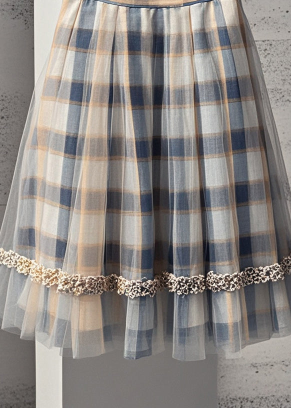 Khaki Plaid Tulle Pleated Skirt Summer