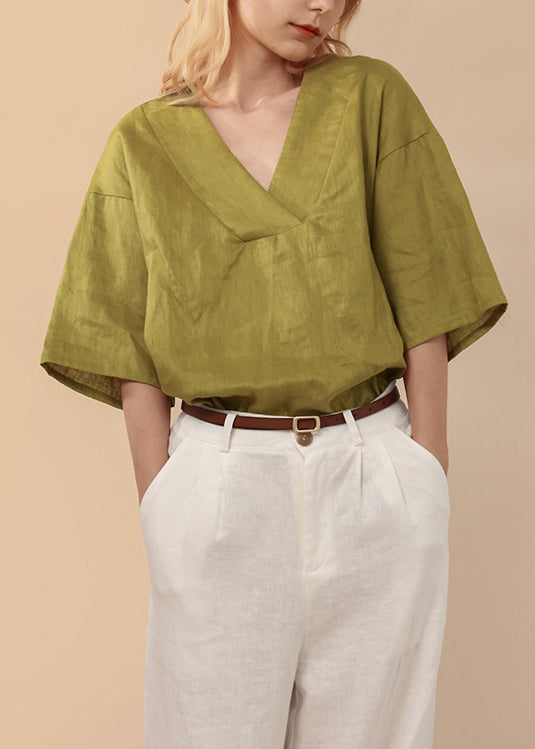 Simple Style Green V Neck Linen T Shirts Summer