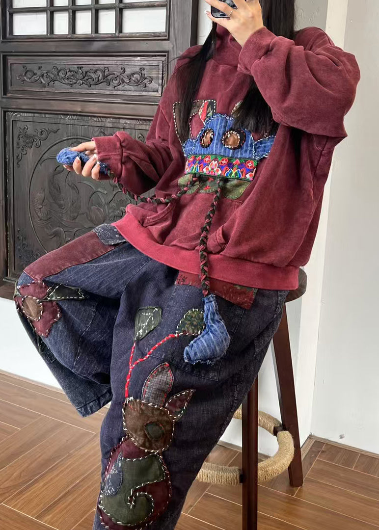 Mulberry Hign Neck Embroidered Cotton Sweatshirts Spring