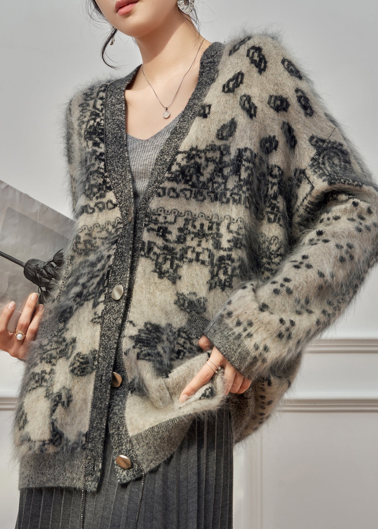 Grey V Neck Print Cotton Knit Cardigan Long Sleeve