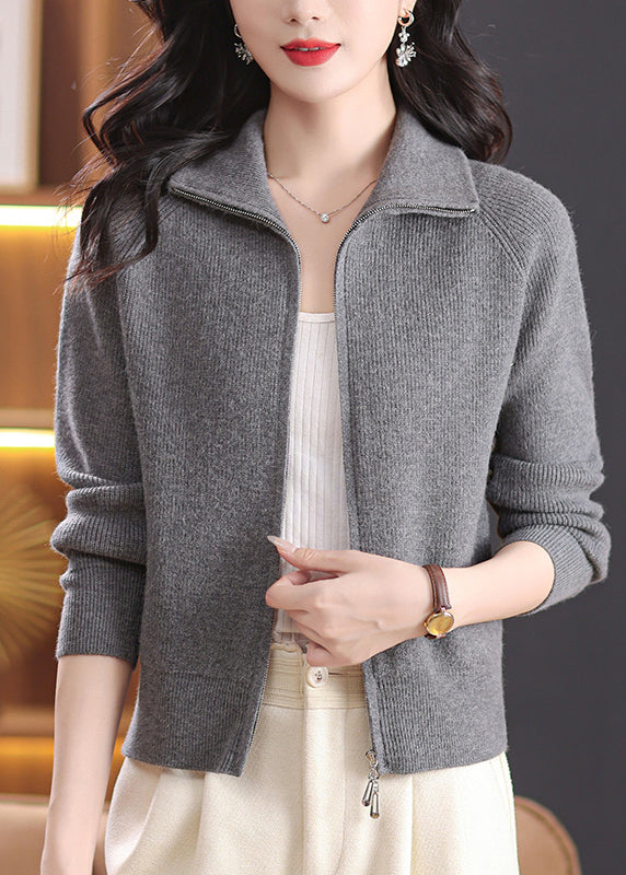 Grey Zippered Knitted Cotton Coats Long Sleeve