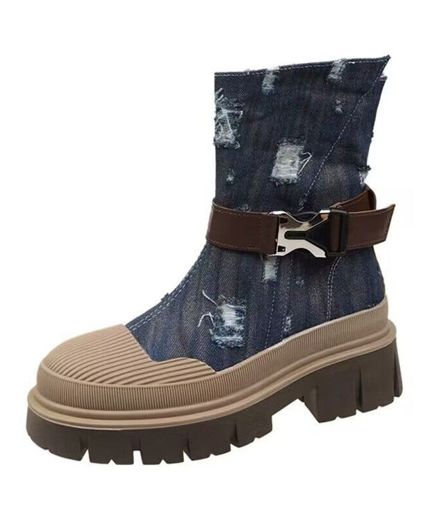 British Style Light Blue Platform Thin Denim Martin Boots for